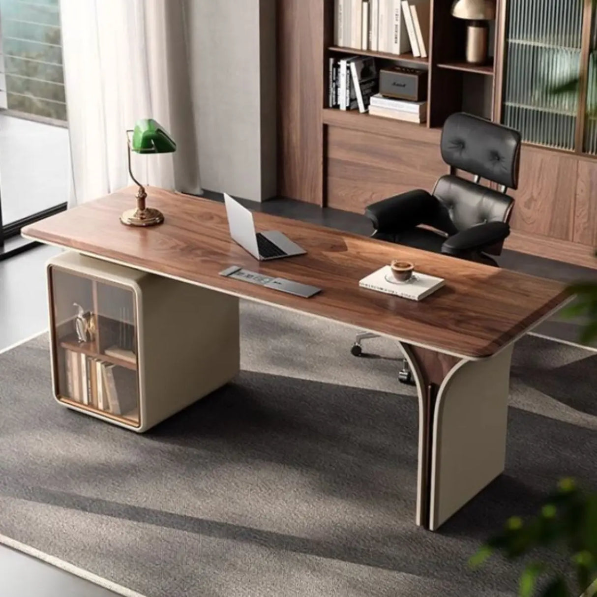 Brown Long Standard Walnut Computer Desk with Storage Image - 1