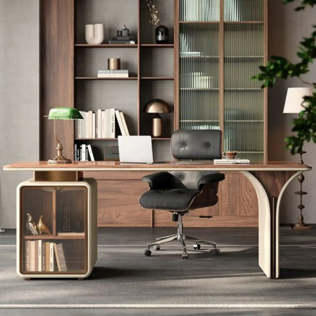 Brown Long Standard Walnut Computer Desk with Storage Image - 3