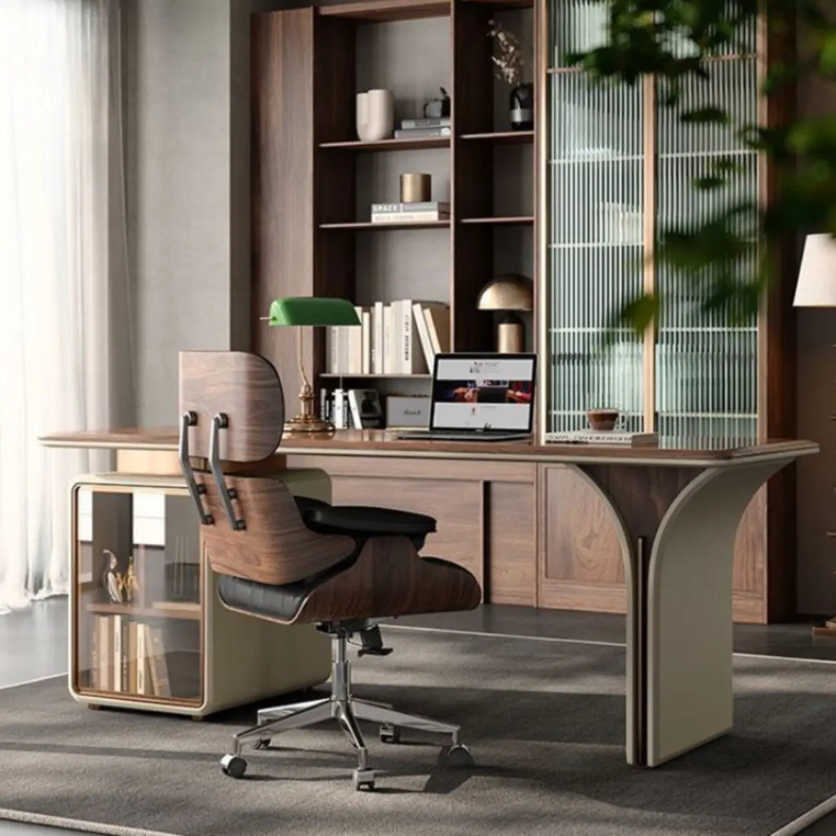 Brown Long Standard Walnut Computer Desk with Storage Image - 4