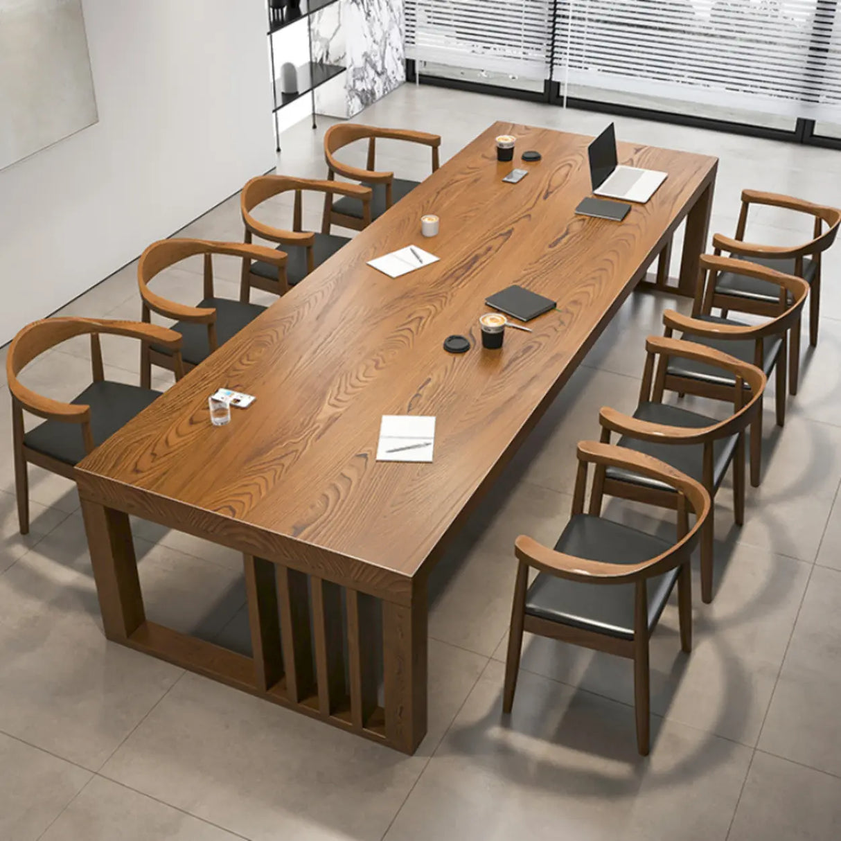 Brown Long Standard Wooden Boardroom Multi-person Desk Image - 1