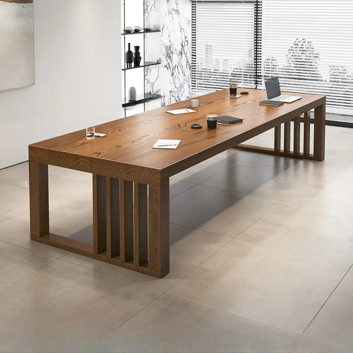 Brown Long Standard Wooden Boardroom Multi-person Desk Image - 2