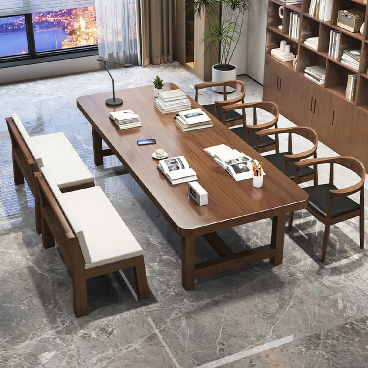 Brown Long Standard Wooden Multi-person Conference Desk Image - 1