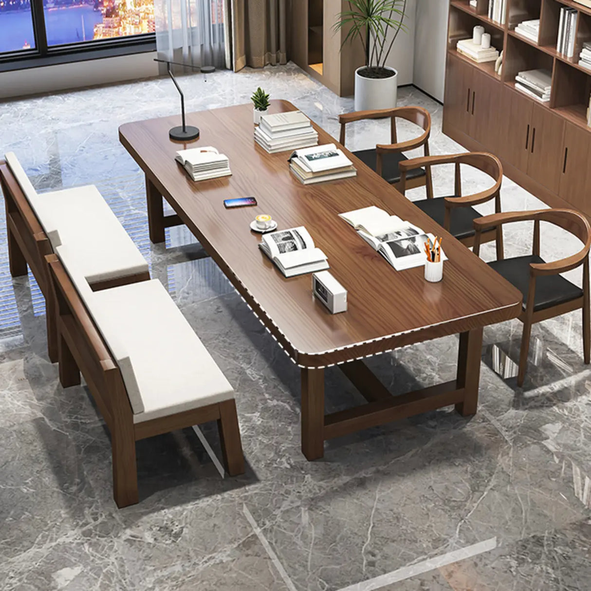 Brown Long Standard Wooden Multi-person Conference Desk Image - 6