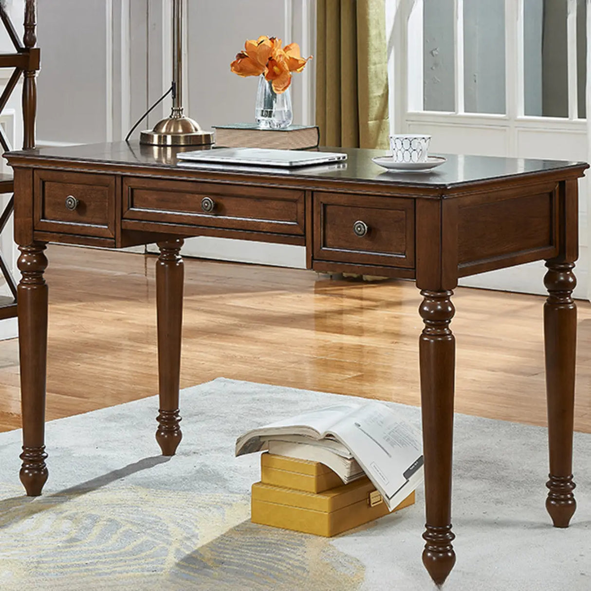 Brown Medium Standard Wooden Computer Desk with Drawers Image - 1