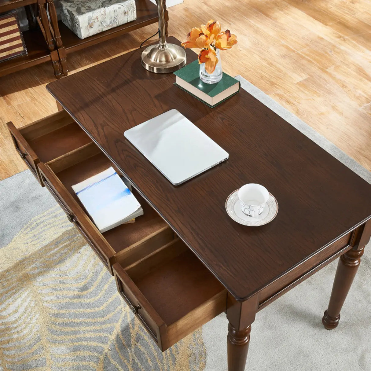Brown Medium Standard Wooden Computer Desk with Drawers Image - 3
