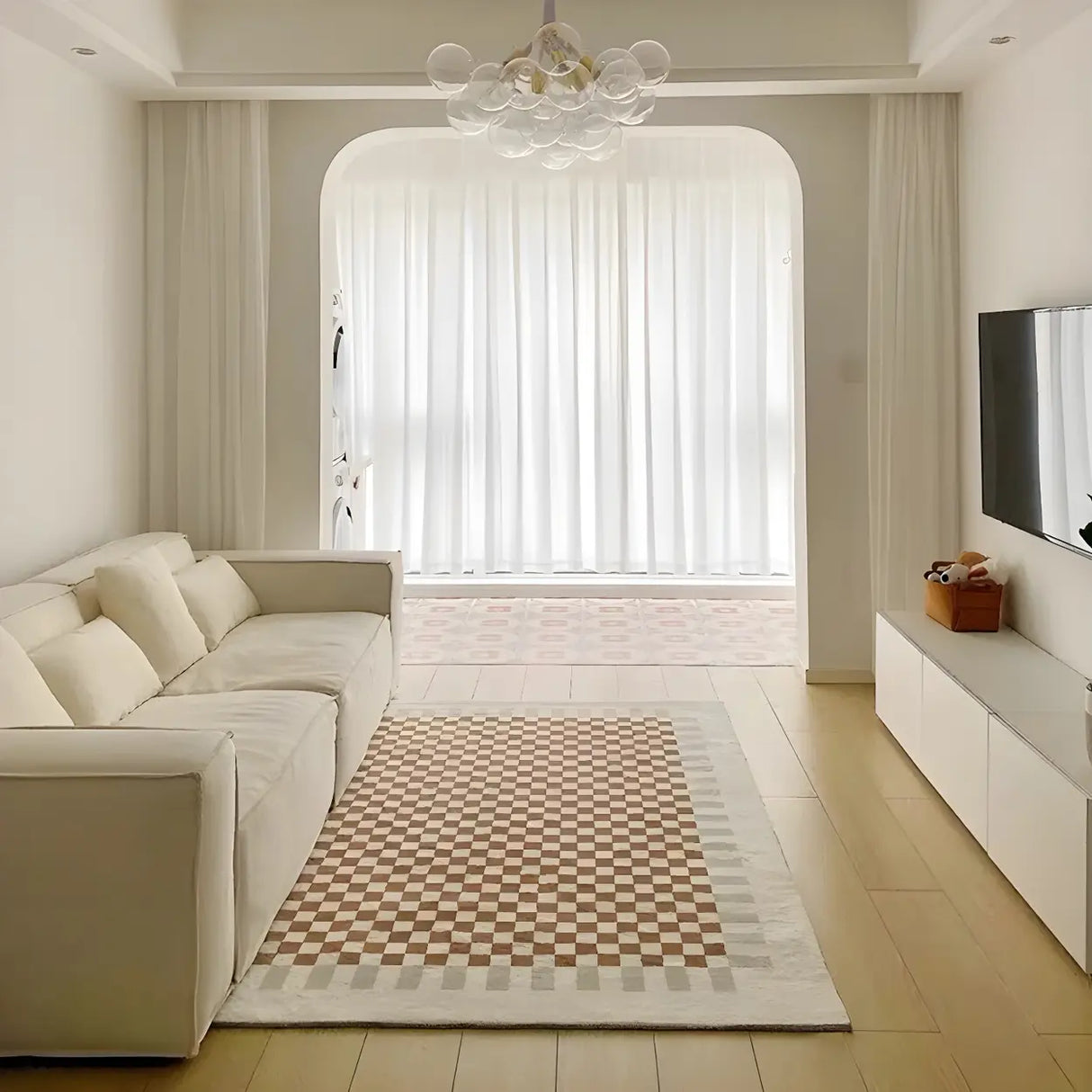 Brown Modern Checkered Polyester Non-Slip Area Rug Image - 14