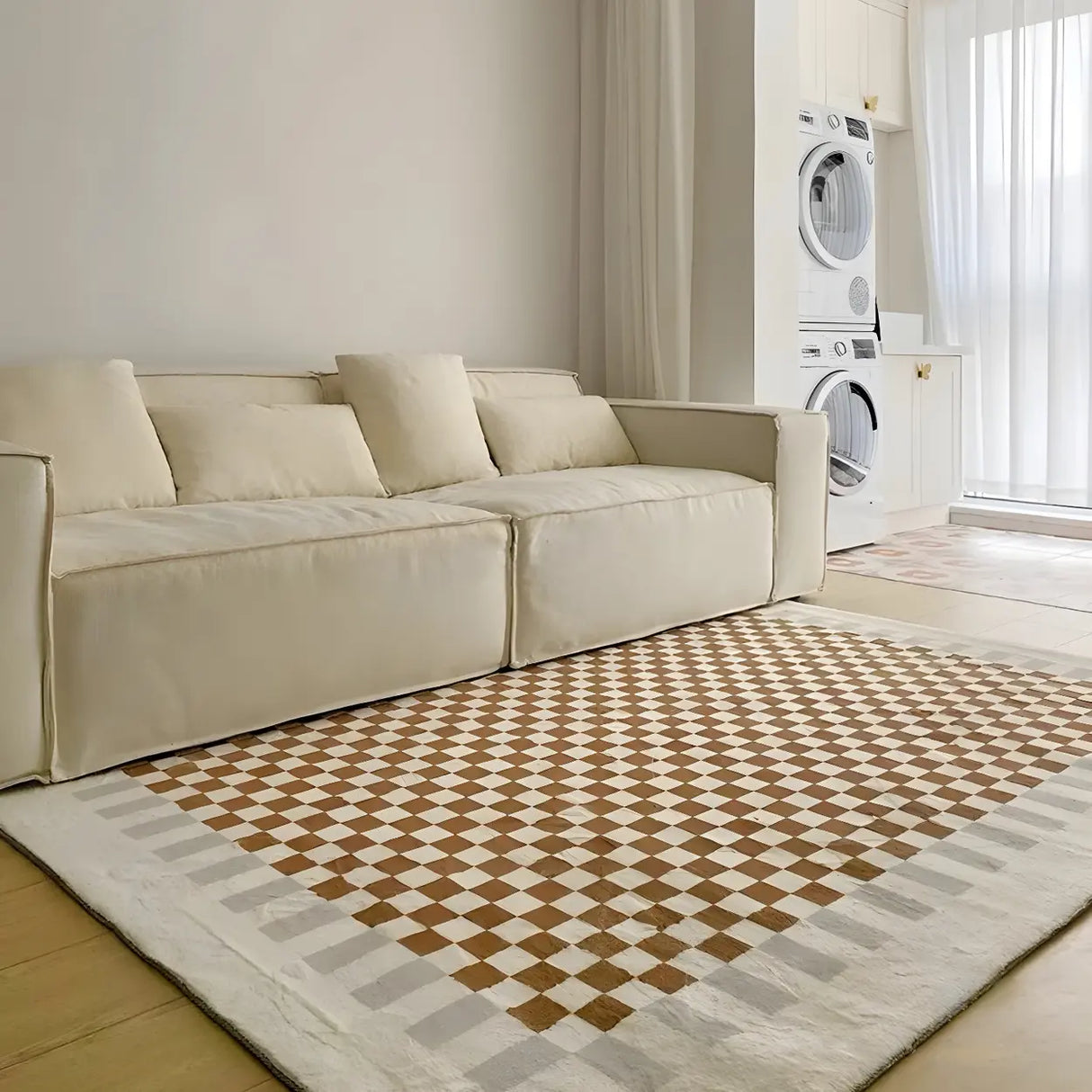 Brown Modern Checkered Polyester Non-Slip Area Rug Image - 15