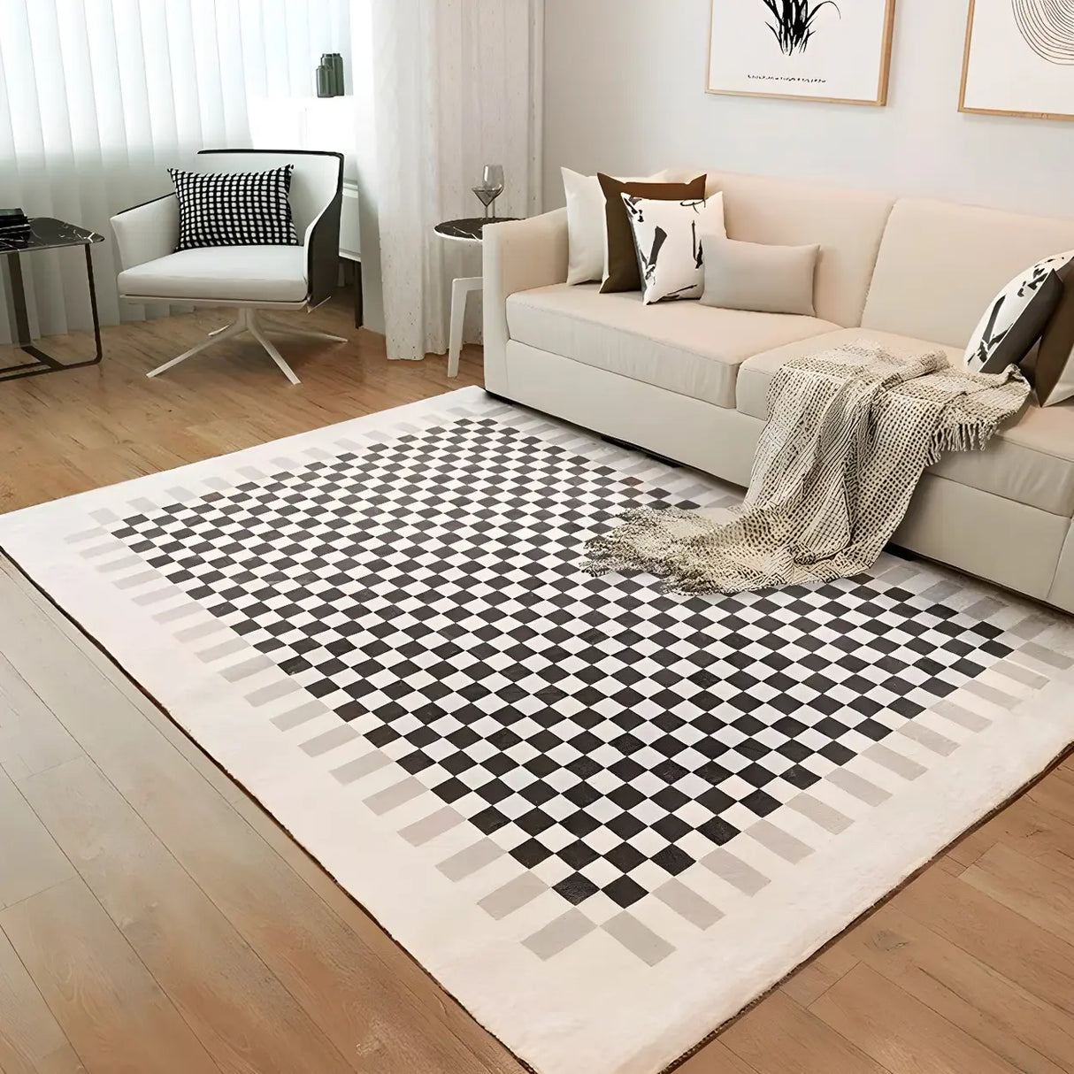 Brown Modern Checkered Polyester Non-Slip Area Rug Image - 16
