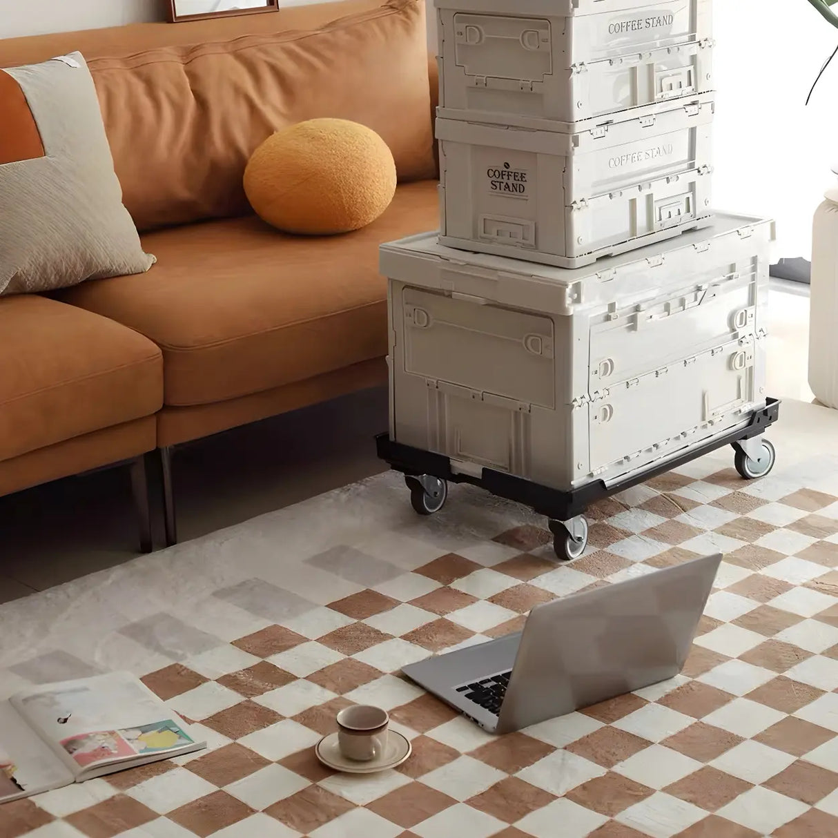 Brown Modern Checkered Polyester Non-Slip Area Rug Image - 18