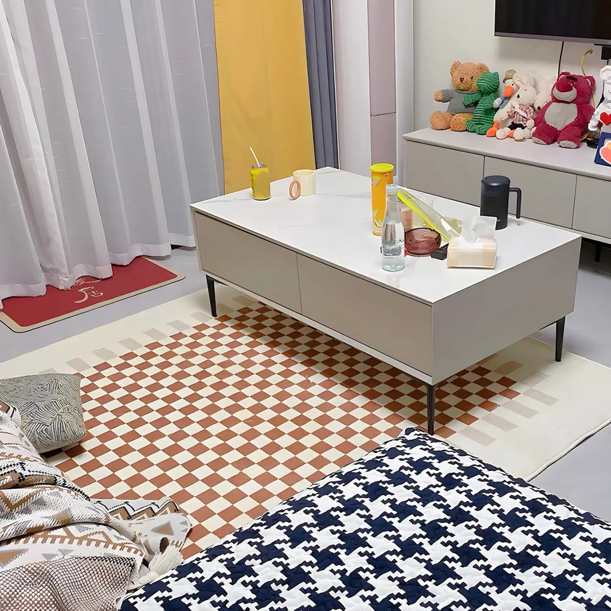 Brown Modern Checkered Polyester Non-Slip Area Rug Image - 19