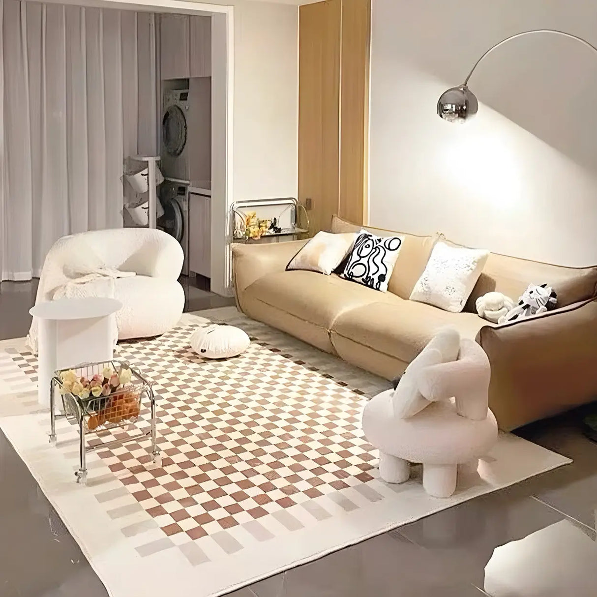 Brown Modern Checkered Polyester Non-Slip Area Rug Image - 4