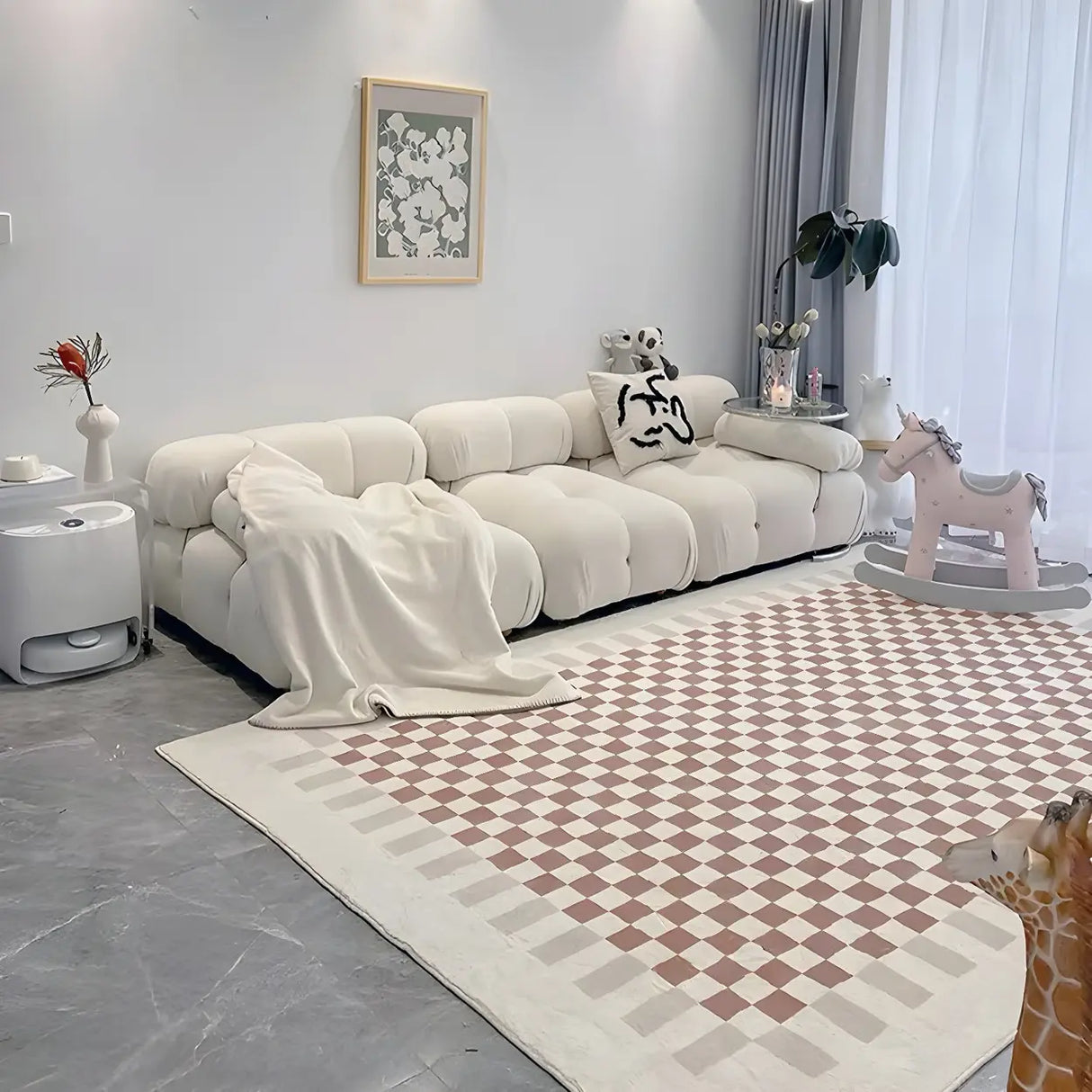 Brown Modern Checkered Polyester Non-Slip Area Rug Image - 6