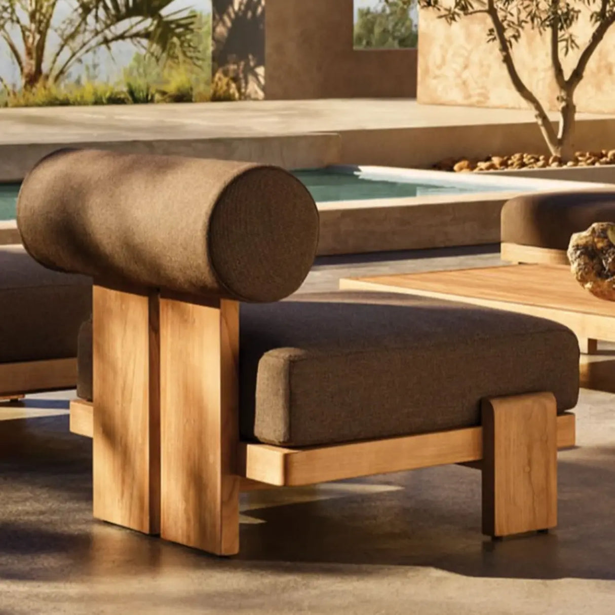 Brown Modular Teak Wood UV Resistant Patio Sofa with Cushion Image - 1