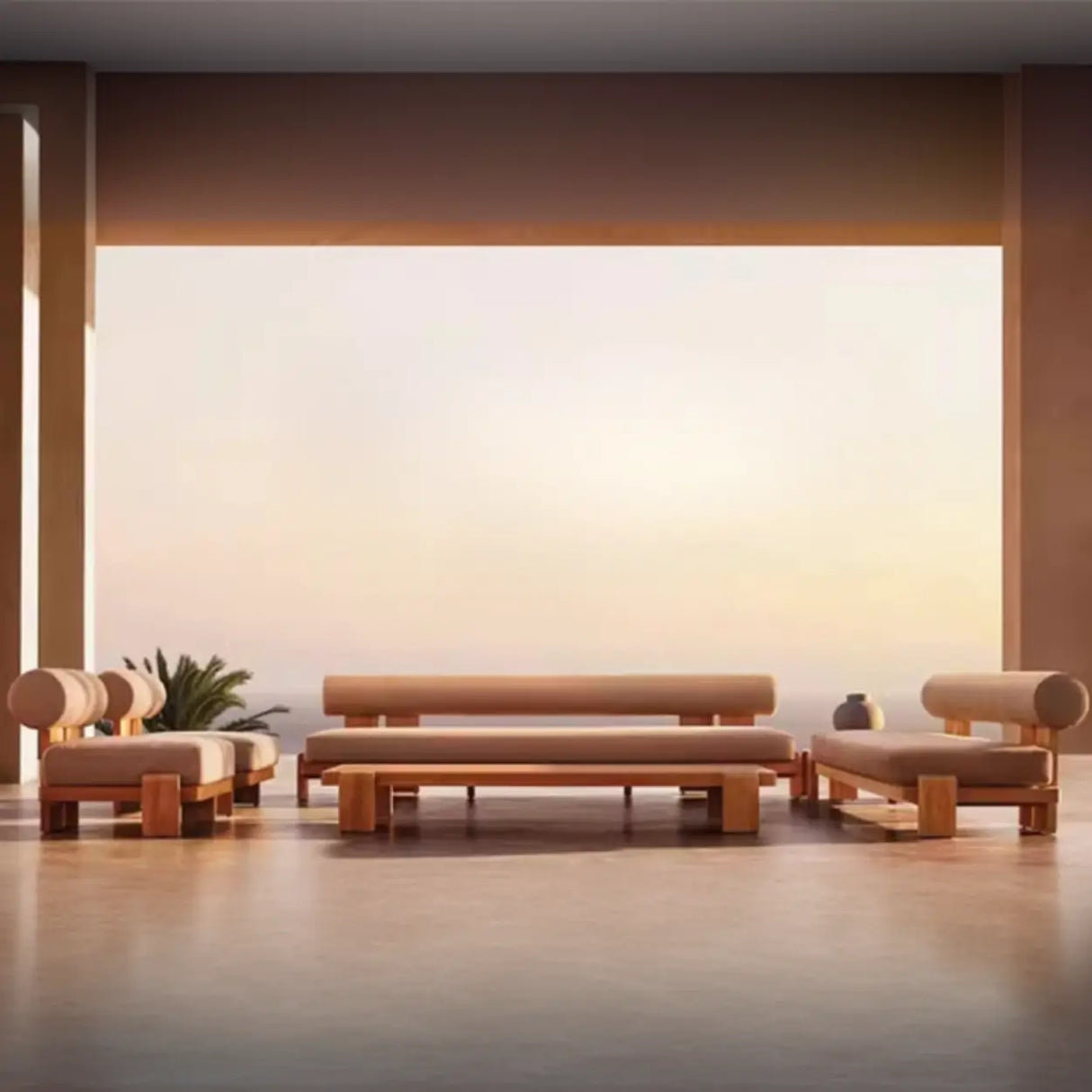 Brown Modular Teak Wood UV Resistant Patio Sofa with Cushion Image - 6