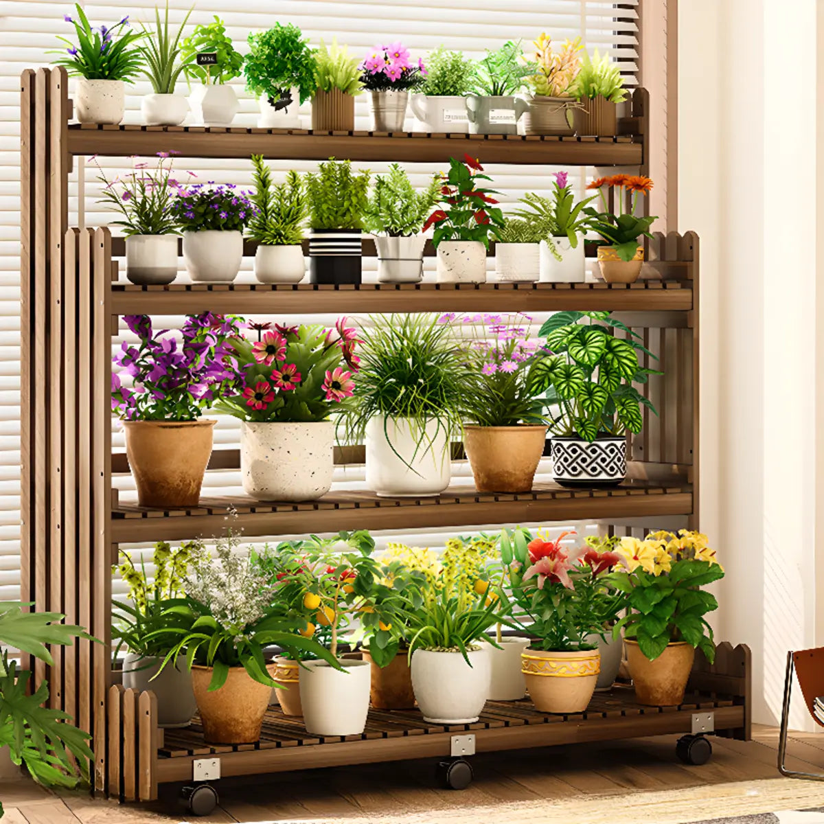 Brown Multi-Tier Wood Rolling Crate Large Plant Stand Image - 19