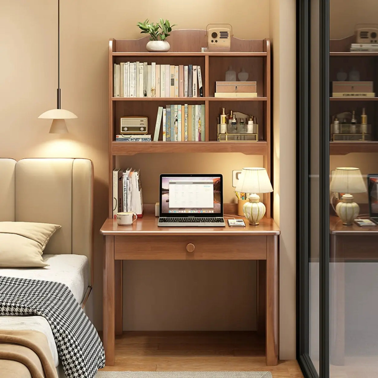 Brown Natural Wooden Desk with Hutch and Storage Image - 1