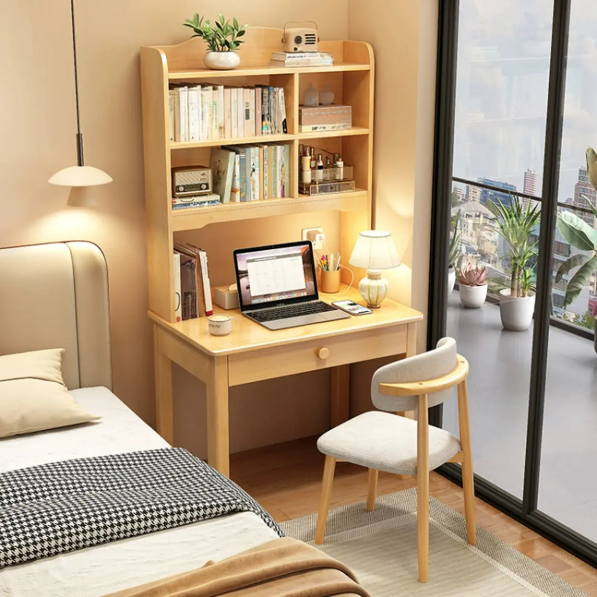 Brown Natural Wooden Desk with Hutch and Storage Image - 3