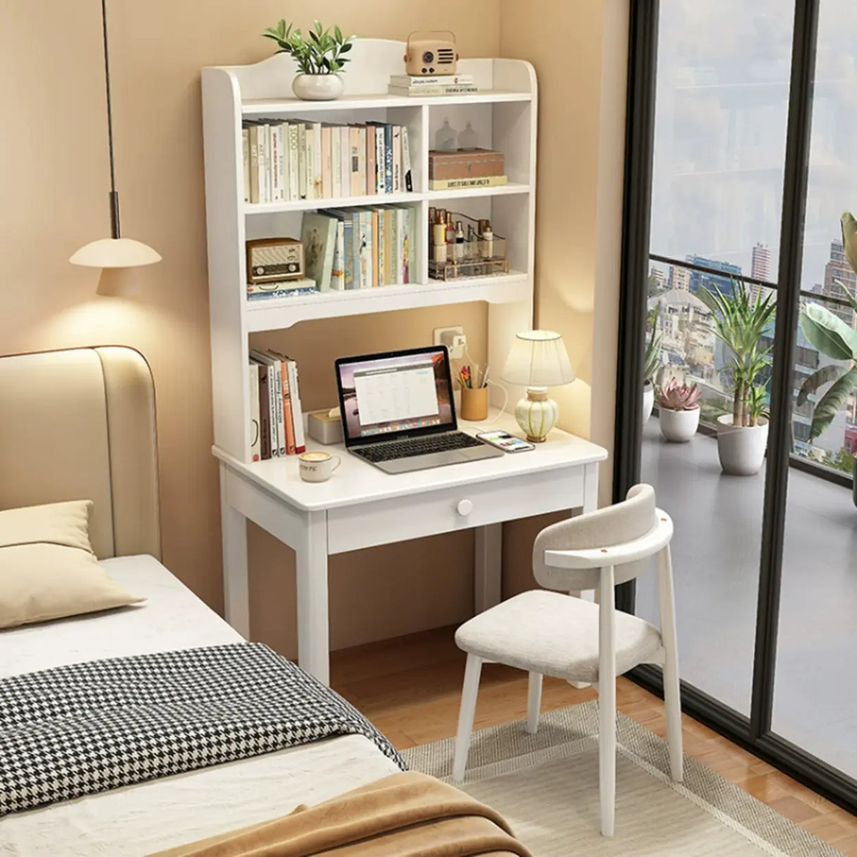 Brown Natural Wooden Desk with Hutch and Storage Image - 5