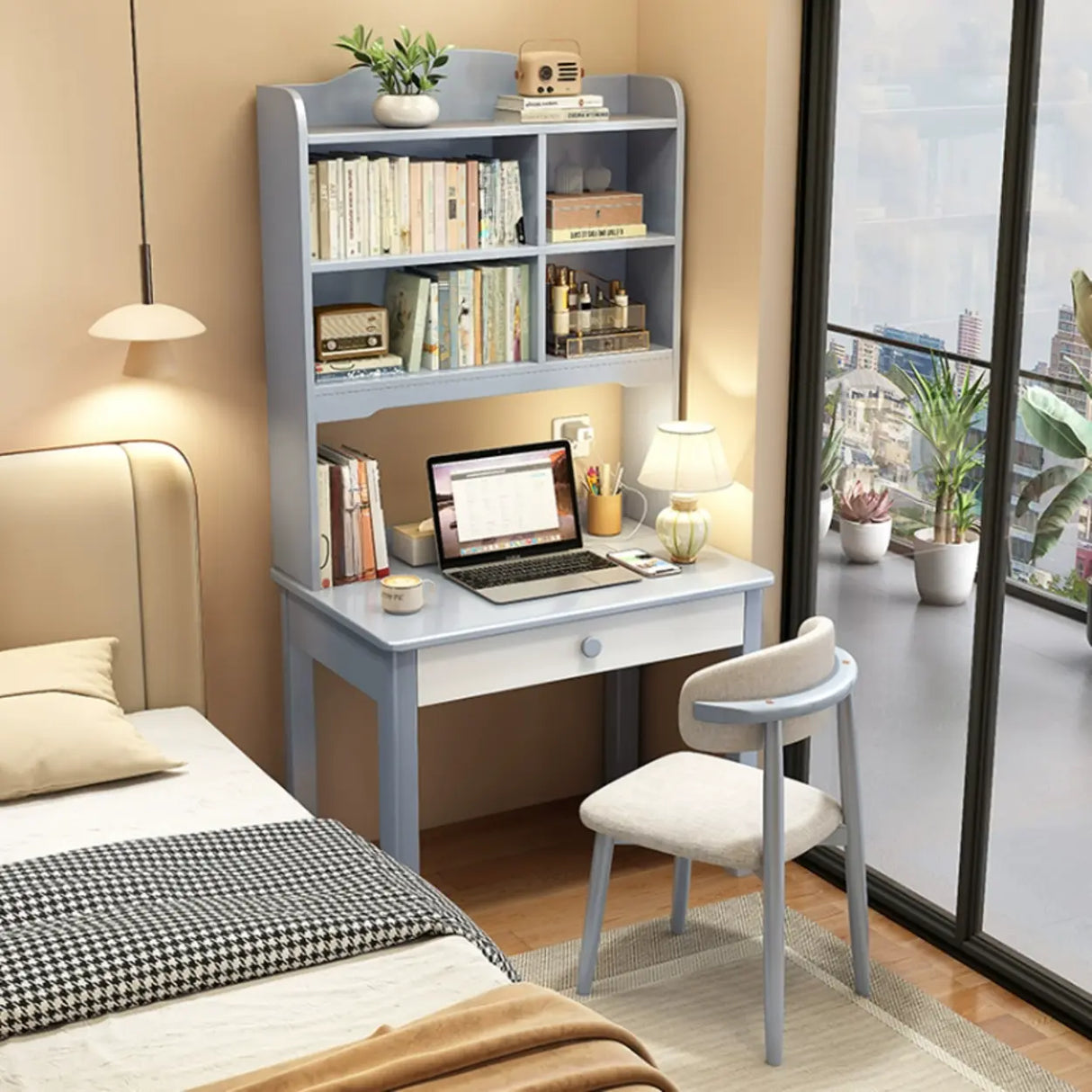 Brown Natural Wooden Desk with Hutch and Storage Image - 7