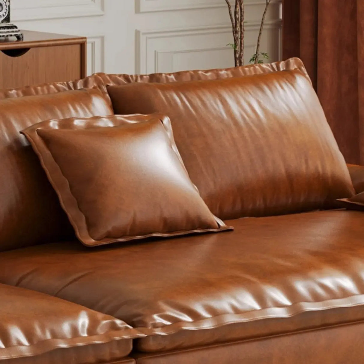 Brown Oiled Leather Pillow Top Arm Cushion Back Sofa Image - 4