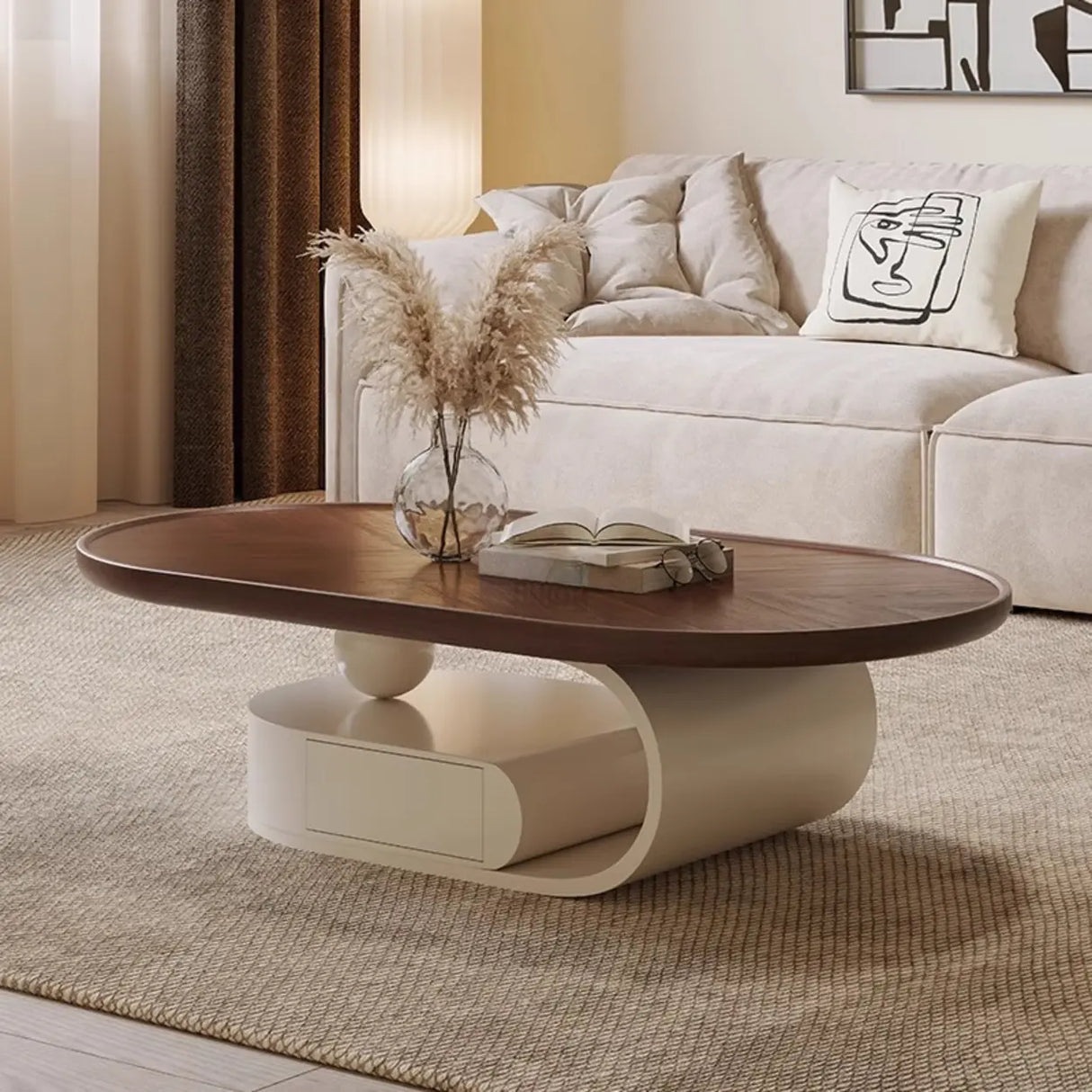 Brown Oval Wood Tray Top Abstract Base Coffee Table Image - 1