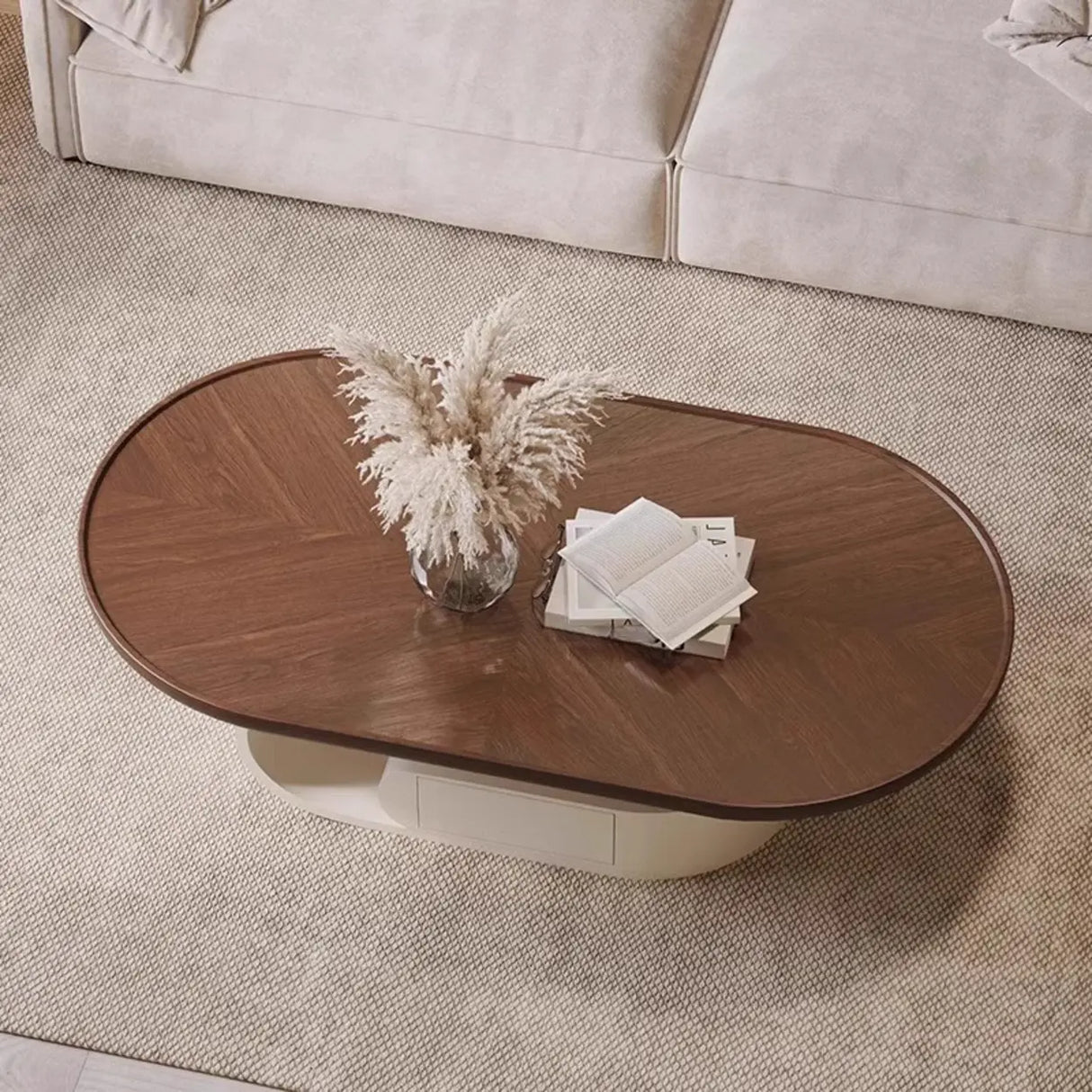Brown Oval Wood Tray Top Abstract Base Coffee Table Image - 3