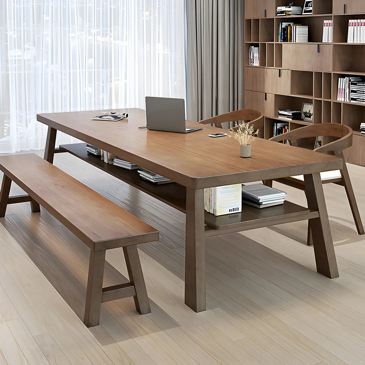 Brown Pine Rectangle Study Desk with Exterior Shelf Image - 2