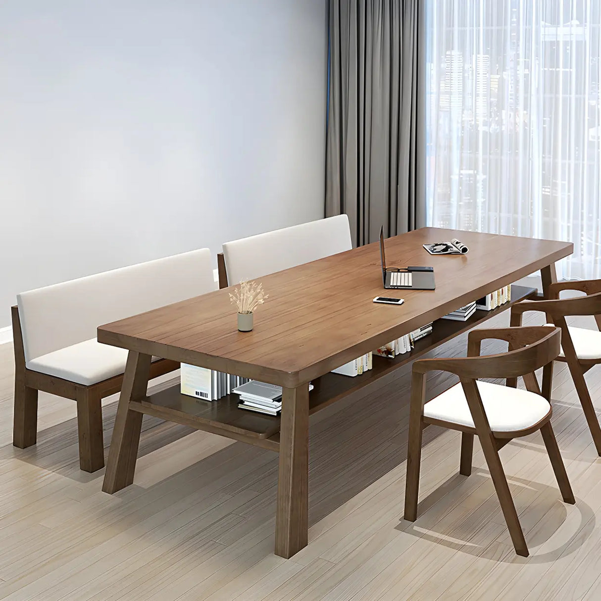 Brown Pine Rectangle Study Desk with Exterior Shelf Image - 3