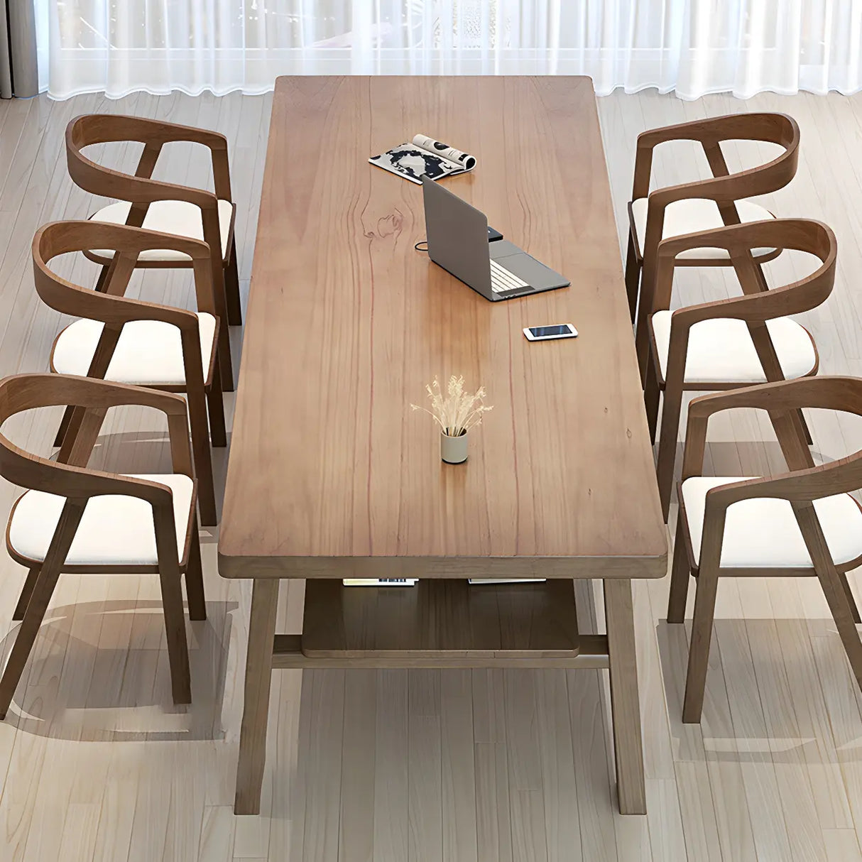 Brown Pine Rectangle Study Desk with Exterior Shelf Image - 4