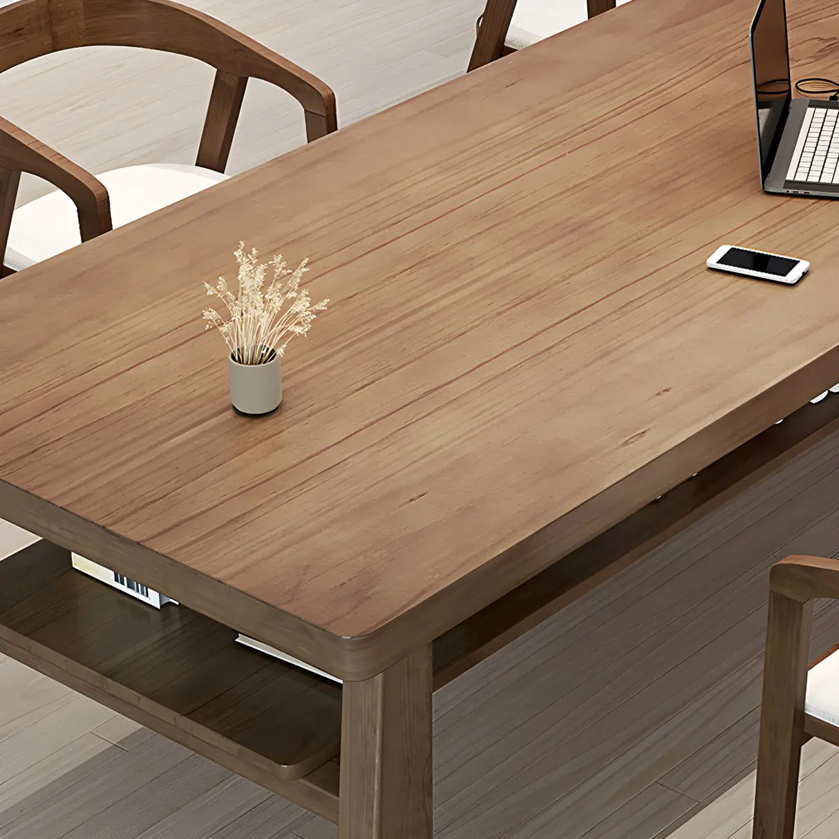 Brown Pine Rectangle Study Desk with Exterior Shelf Image - 7