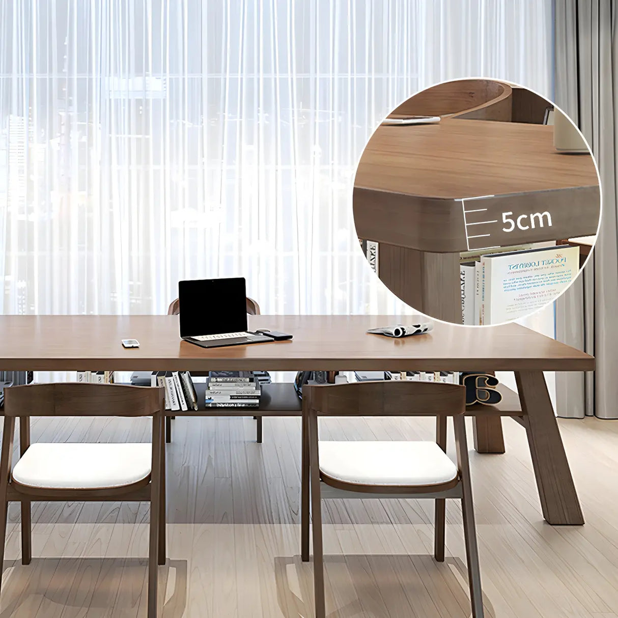 Brown Pine Rectangle Study Desk with Exterior Shelf Image - 9