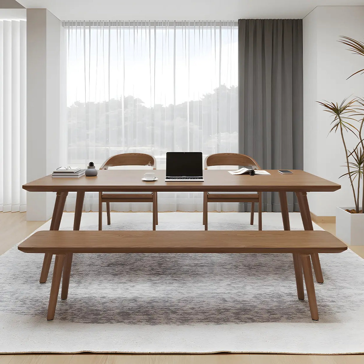 Brown Pine Wood Rectangle Multi-Person Writing Desk Image - 1