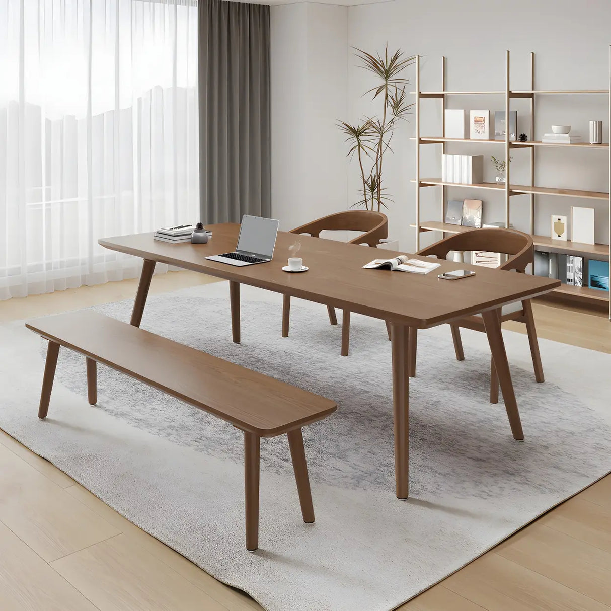 Brown Pine Wood Rectangle Multi-Person Writing Desk Image - 3