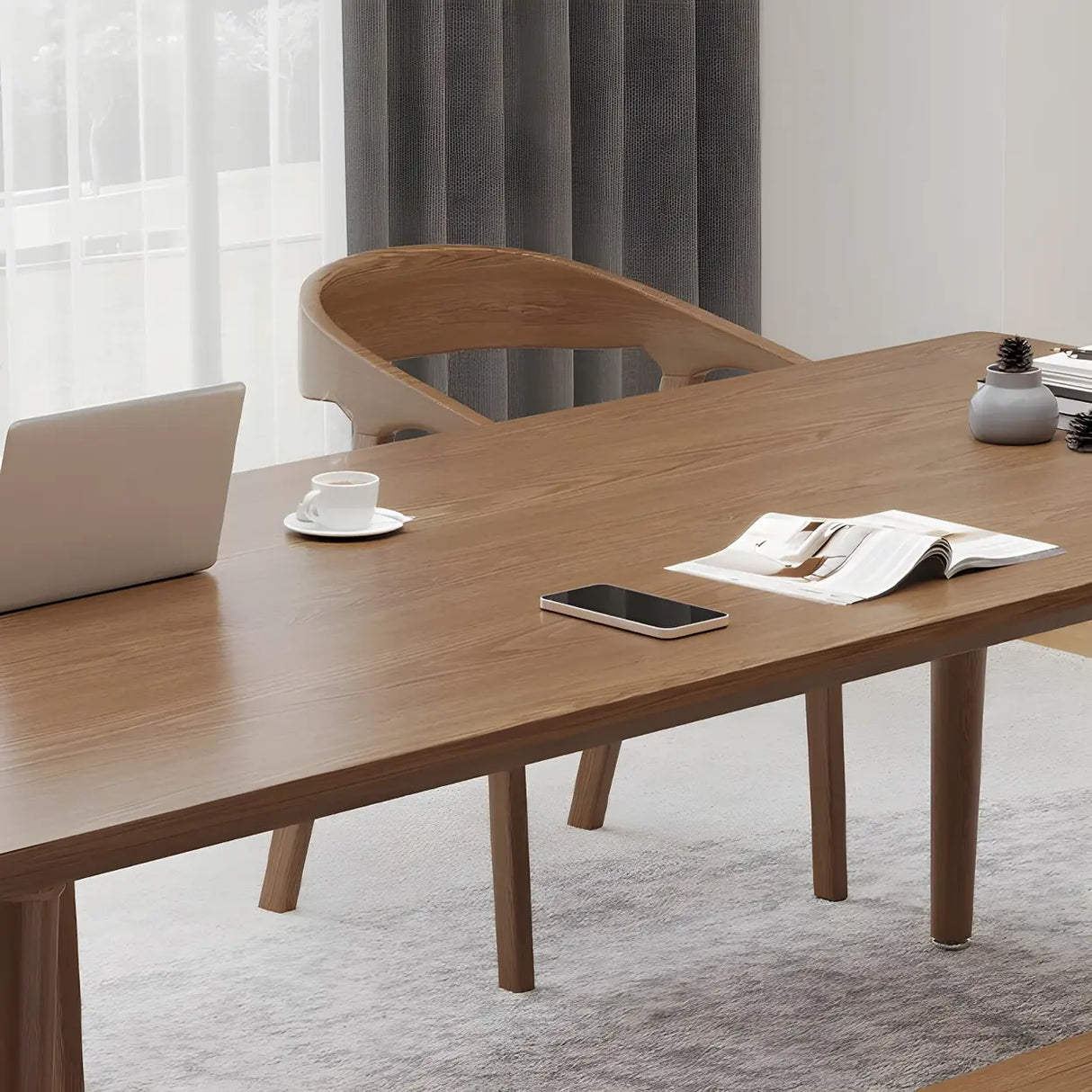 Brown Pine Wood Rectangle Multi-Person Writing Desk Image - 9