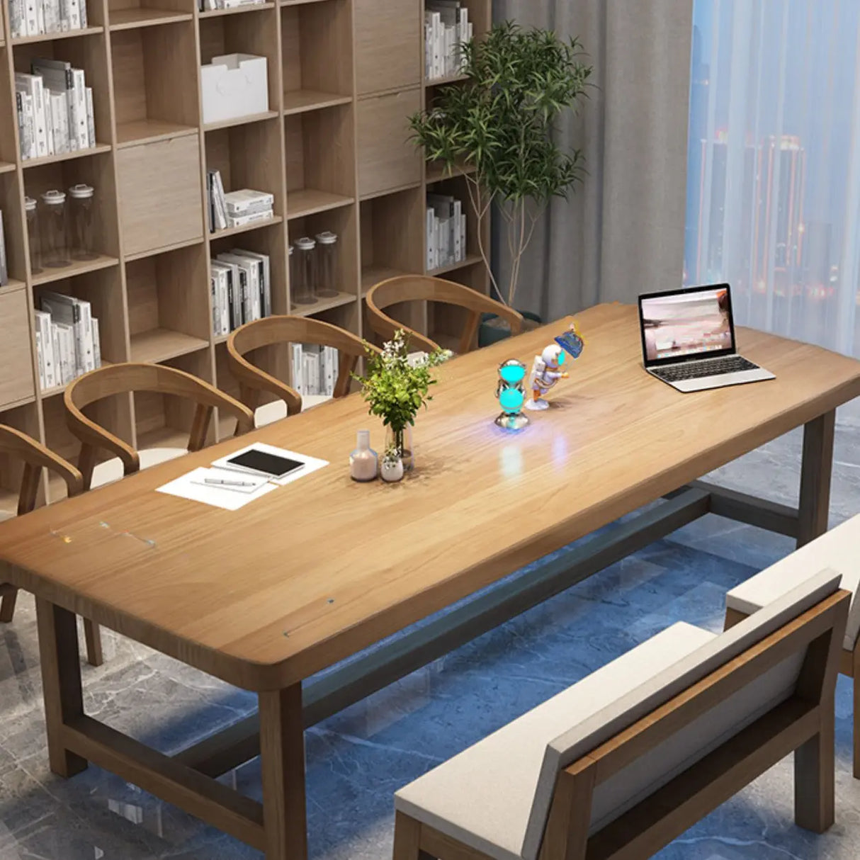 Brown Pine Wood Rectangle Trestle Study Desk for Eight Image - 10