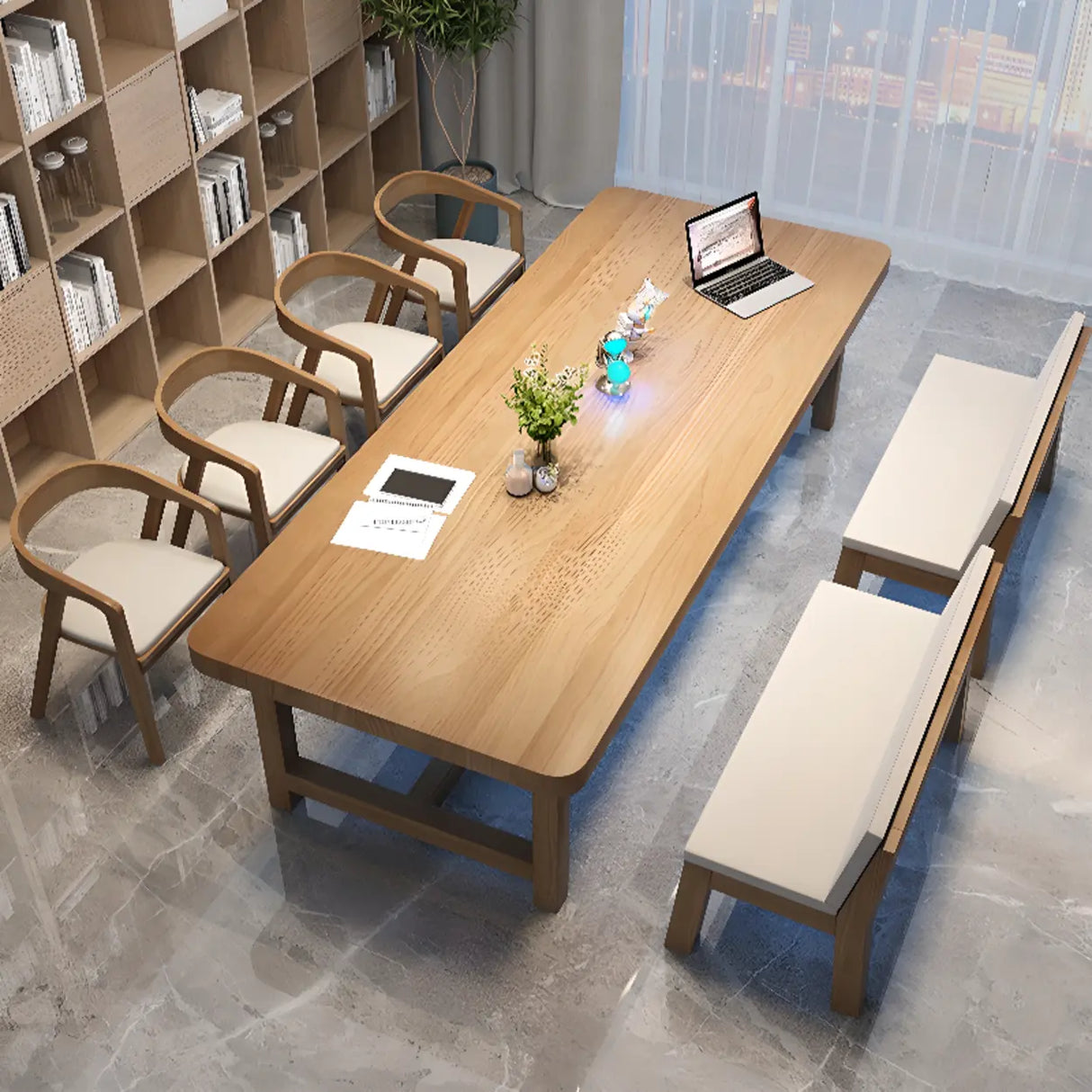 Brown Pine Wood Rectangle Trestle Study Desk for Eight Image - 1