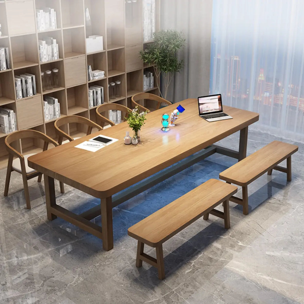 Brown Pine Wood Rectangle Trestle Study Desk for Eight Image - 3