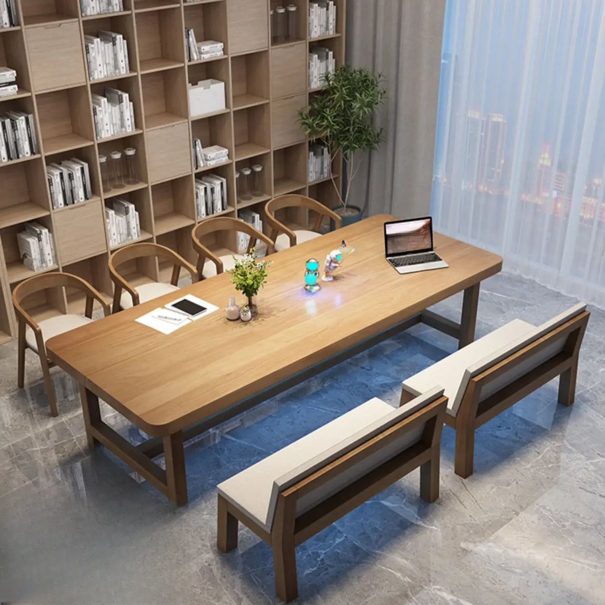 Brown Pine Wood Rectangle Trestle Study Desk for Eight Image - 5