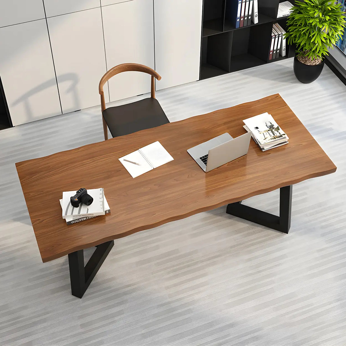 Brown Pine Wood Rectangular Iron Sled Writing Desk Image - 10