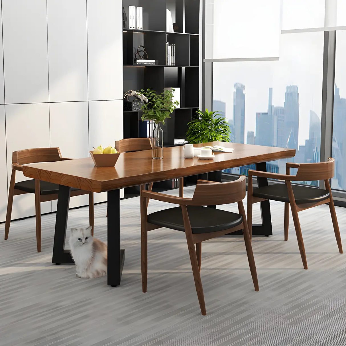 Brown Pine Wood Rectangular Iron Sled Writing Desk Image - 11