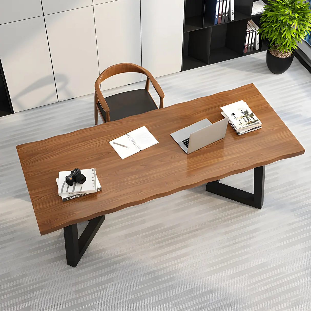 Brown Pine Wood Rectangular Iron Sled Writing Desk Image - 12