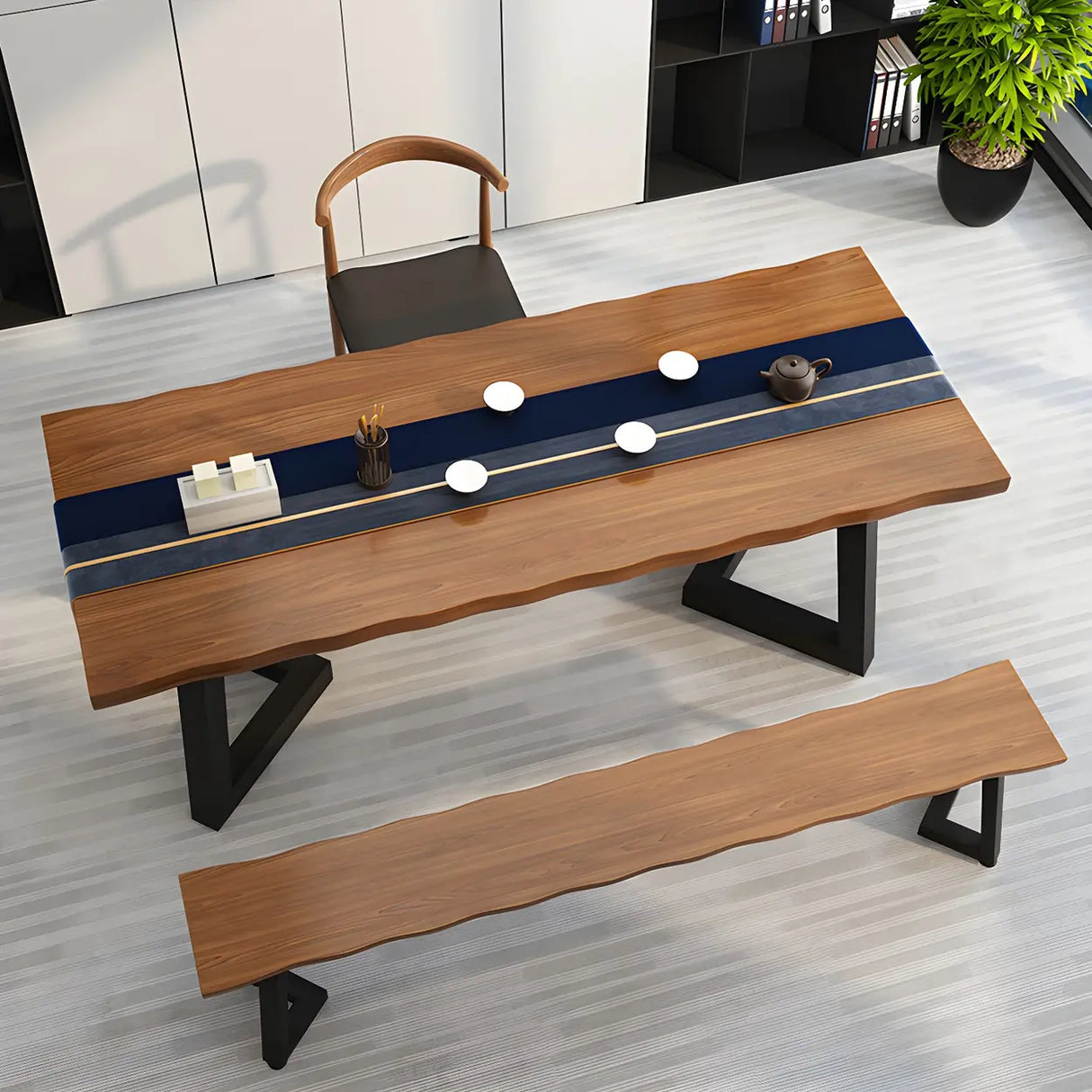 Brown Pine Wood Rectangular Iron Sled Writing Desk Image - 15