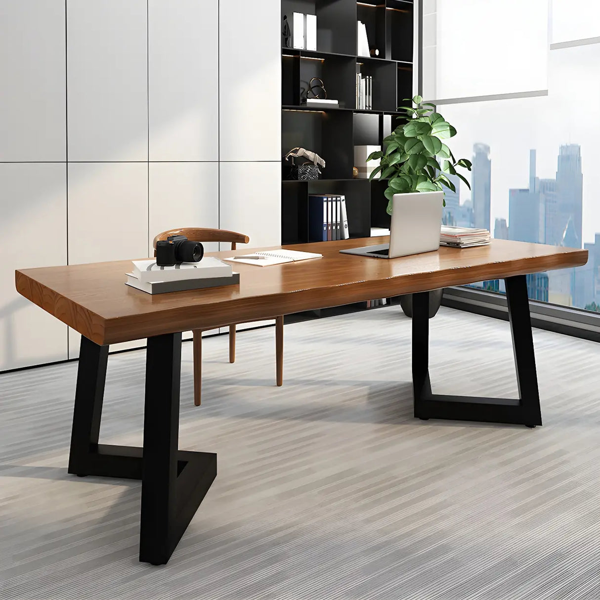 Brown Pine Wood Rectangular Iron Sled Writing Desk Image - 2