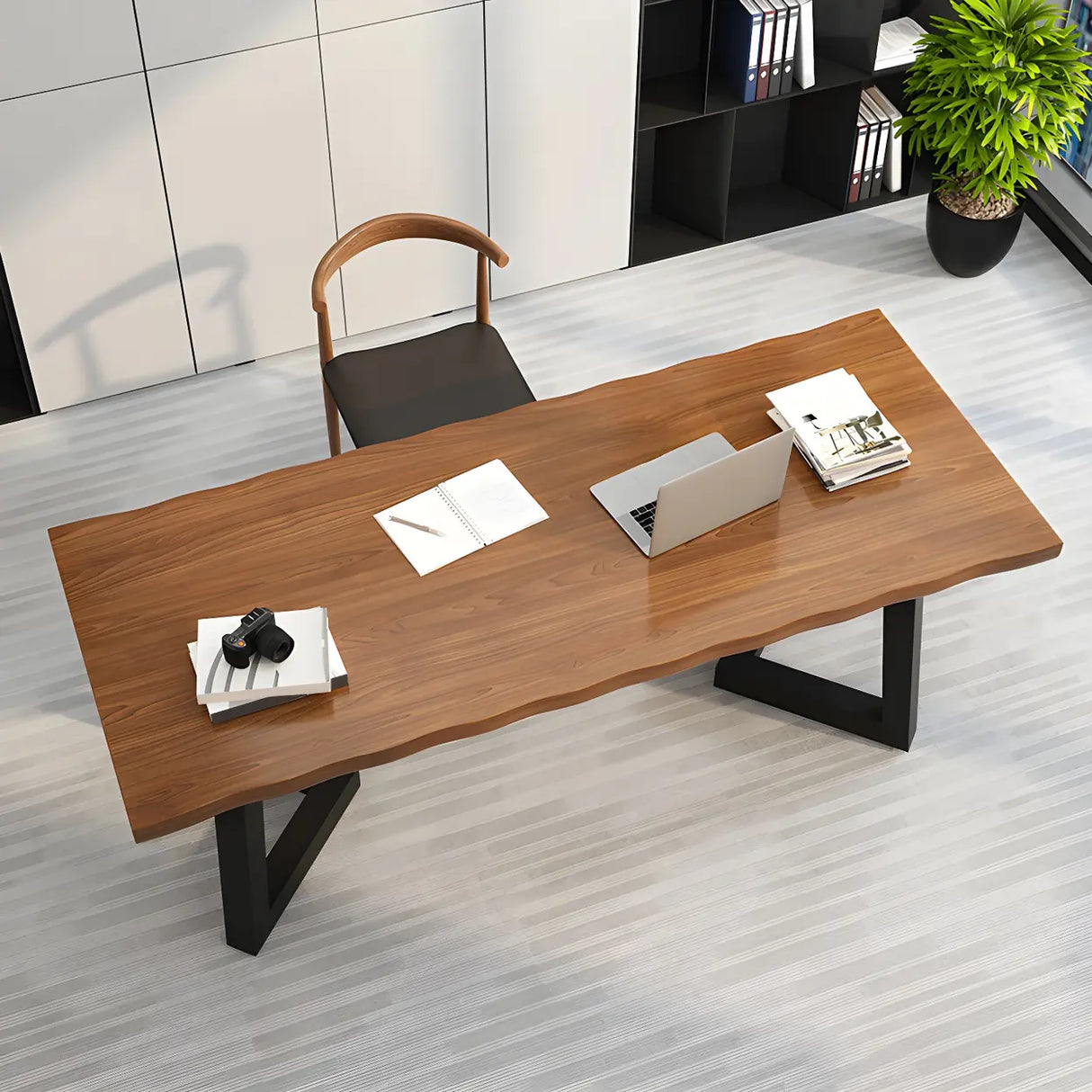 Brown Pine Wood Rectangular Iron Sled Writing Desk Image - 4