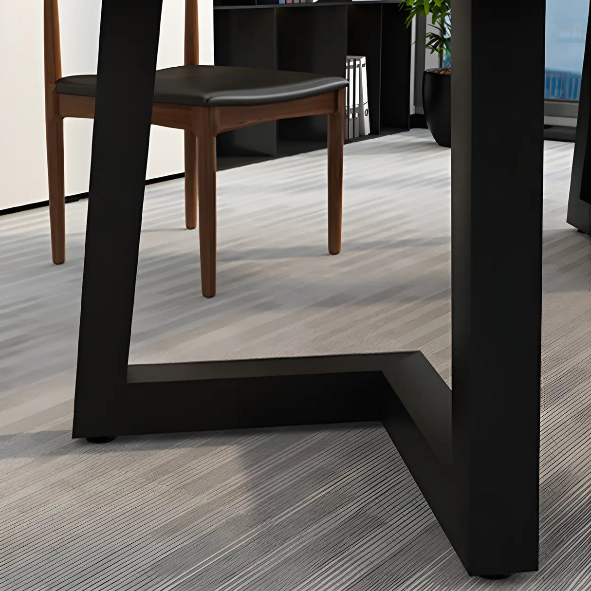 Brown Pine Wood Rectangular Iron Sled Writing Desk Image - 8