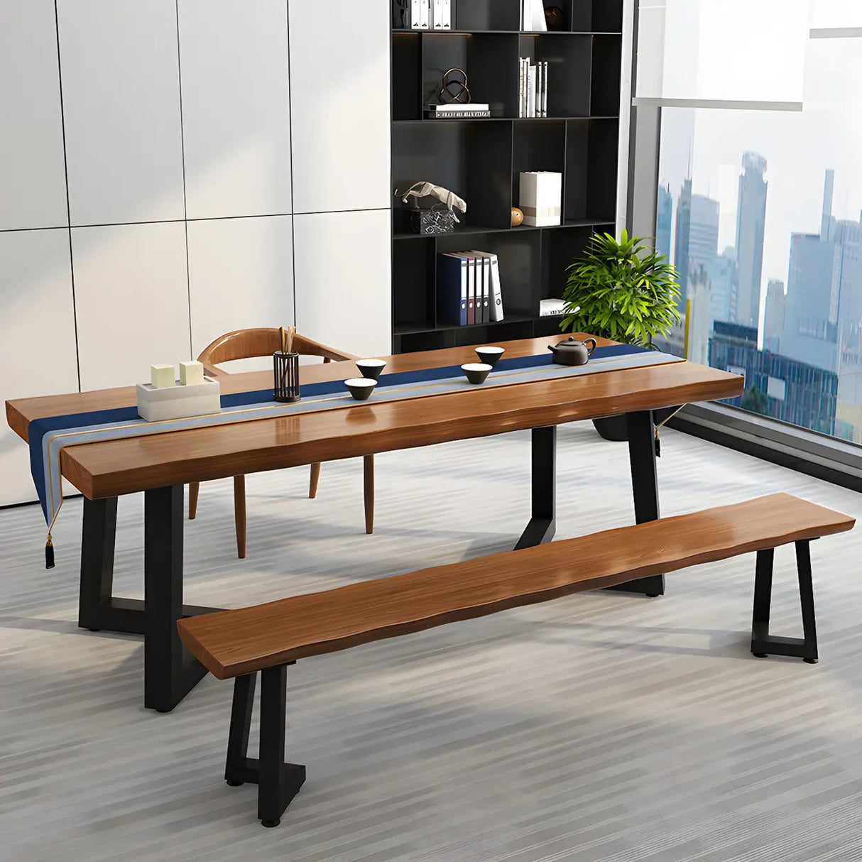 Brown Pine Wood Rectangular Iron Sled Writing Desk Image - 9