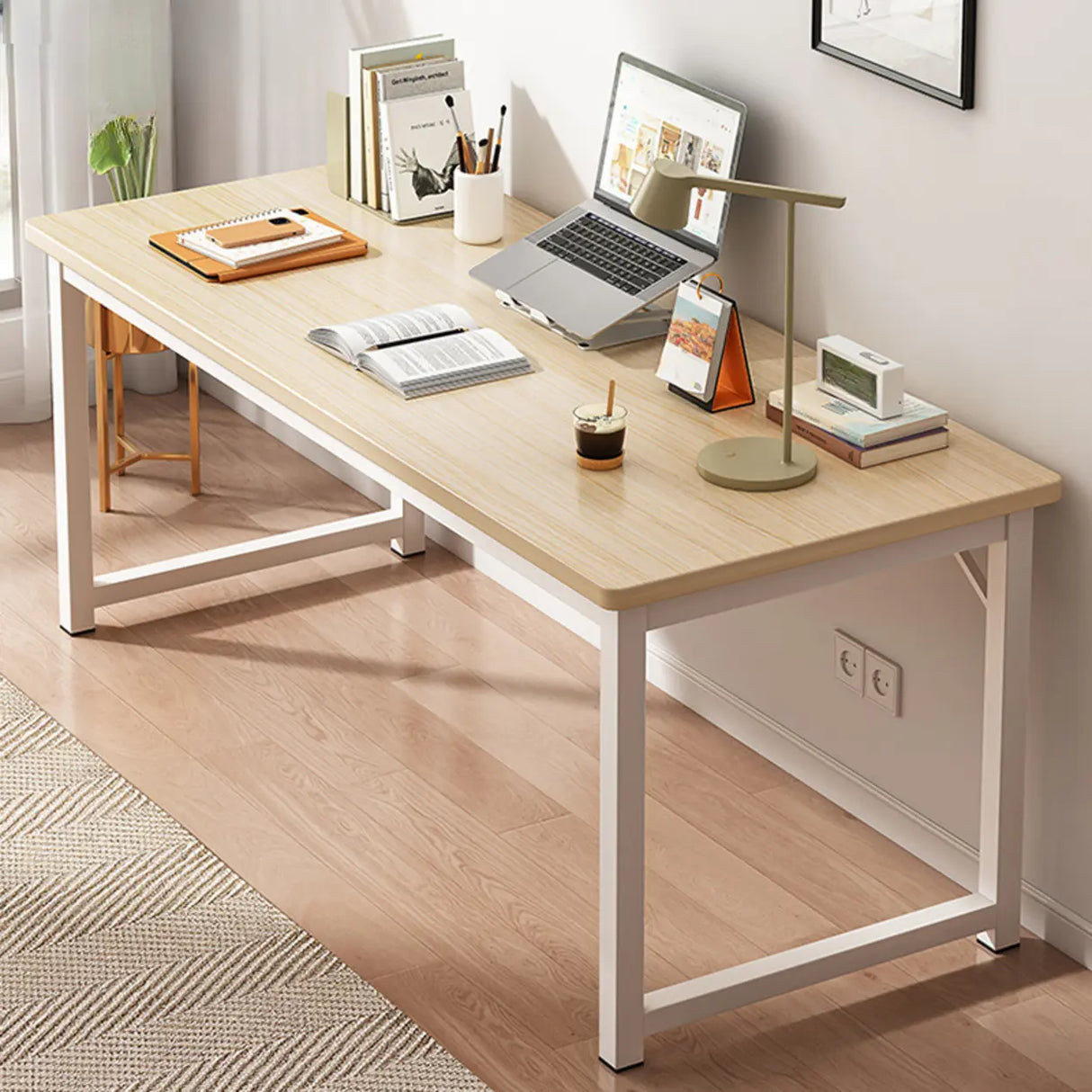 Brown Rectangle Butcher Block H-Shape Writing Desk Image - 10