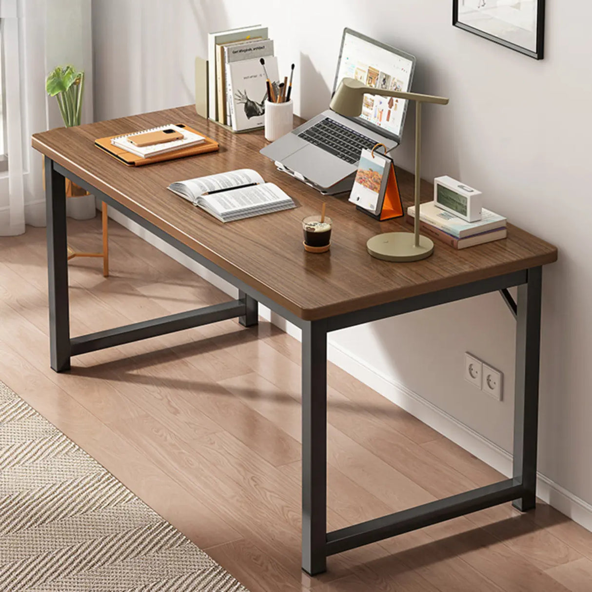 Brown Rectangle Butcher Block H-Shape Writing Desk Image - 11