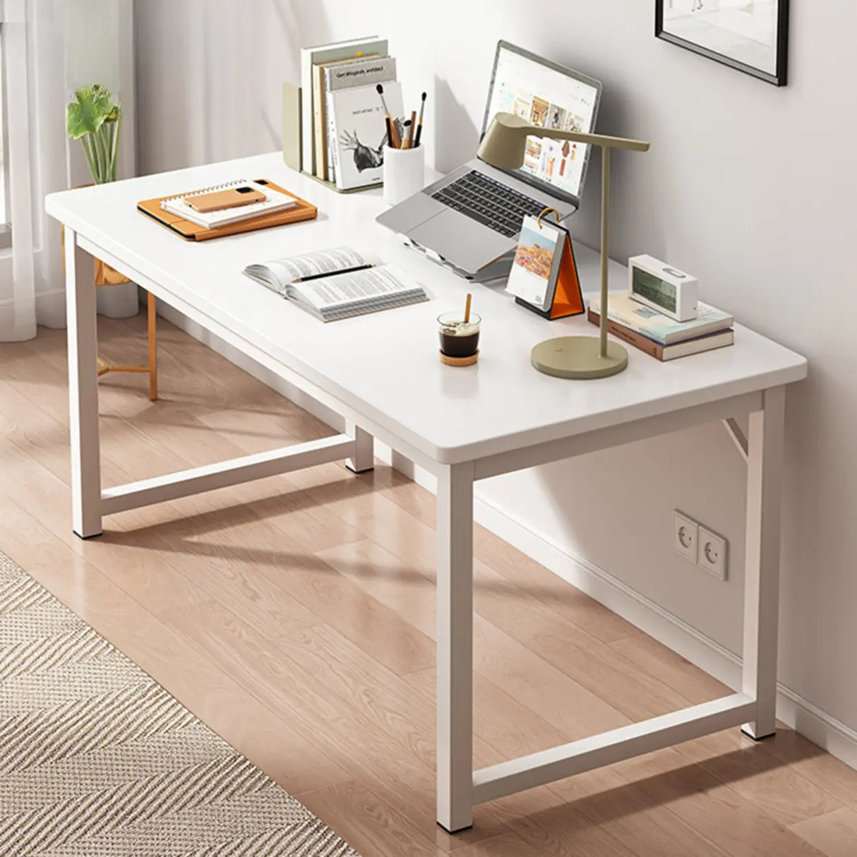 Brown Rectangle Butcher Block H-Shape Writing Desk Image - 13