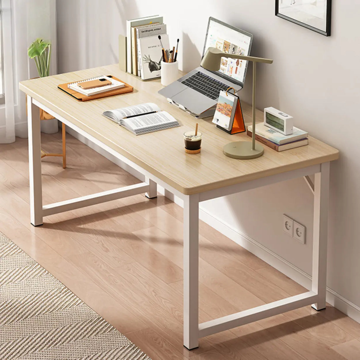 Brown Rectangle Butcher Block H-Shape Writing Desk Image - 15